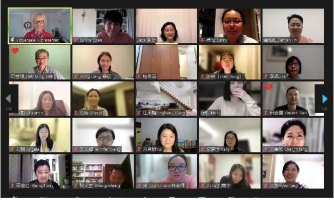A screenshot of people in China joining a zoom call to learn about mindfulness-based pain management with Breathworks Founder, Vidyamala Burch OBE